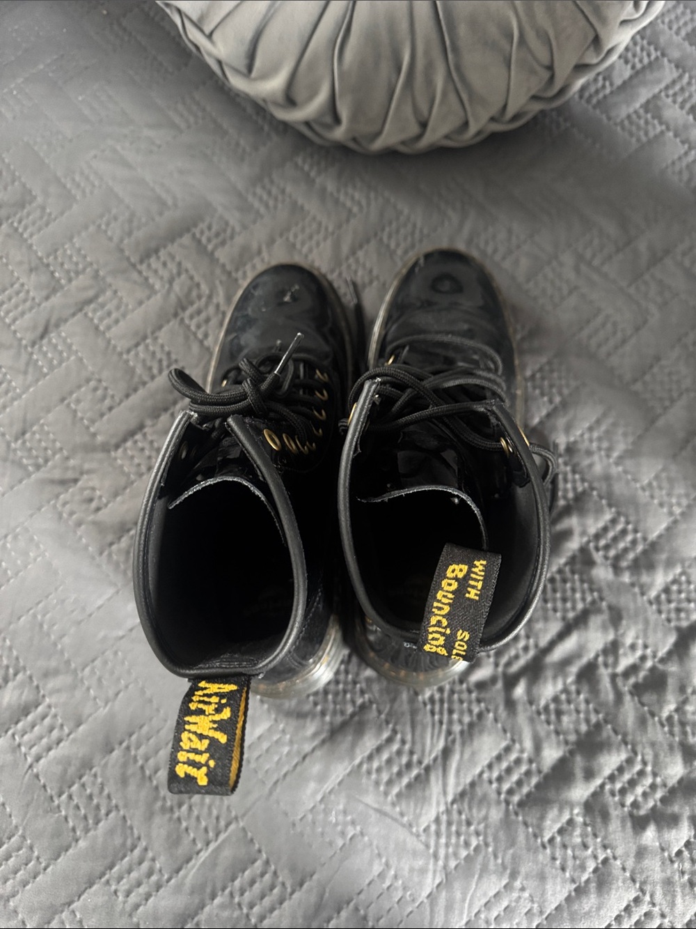 Dr. Martens Kids Black Lace-Up Boots with Yellow Heel Loop Tags